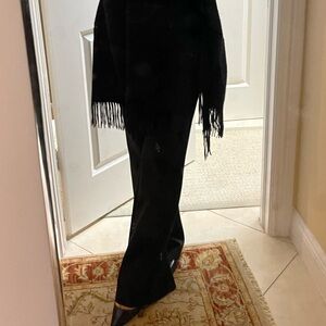Elizabeth and James Black Pantsuit with oversized pashmina throw